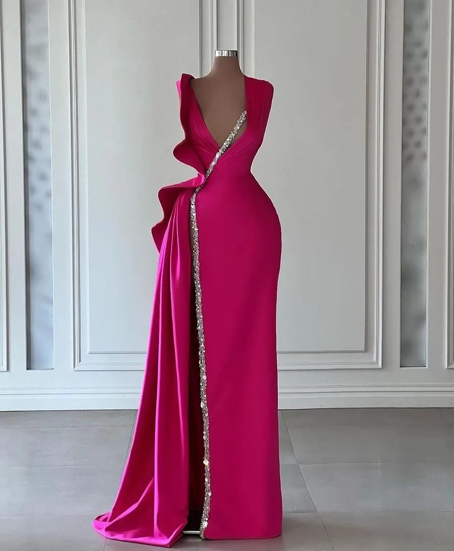 Plus Size Fuchsia A-Line Evening Dress with Deep V-Neck, Beads, Pleats, Draped High Side Split, Sleeveless Satin Floor-Length Gown from Dhgate Evening Dresses - price 233.69 Plus Size Fuchsia A-Line Evening Dress with Deep V-Neck, Beads, Pleats, Draped High Side Split, Sleeveless Satin Floor-Length Gown from Dhgate Evening Dresses - price 233.69
