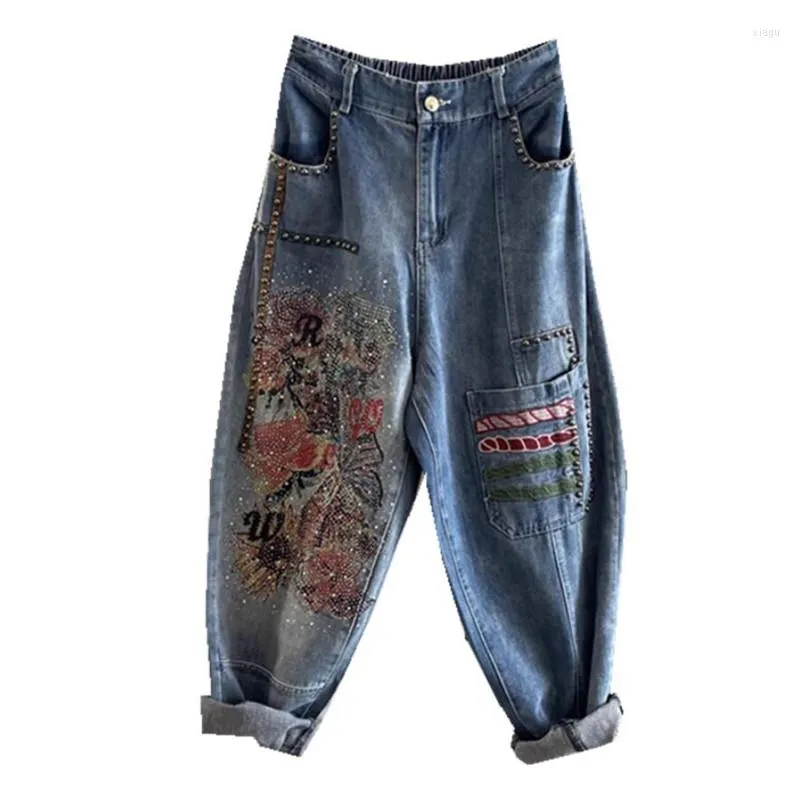 Kvinnors jeans streetwear strass broderi blå baggy kvinnor hög midja casual lös denim harem byxor s597