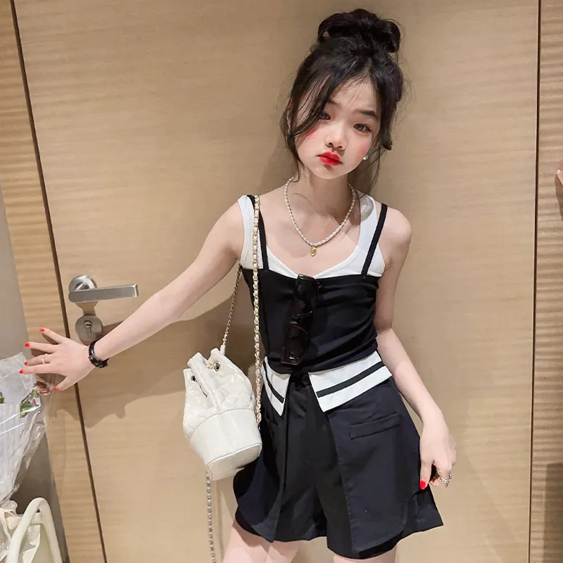 Conjuntos de ropa de moda para chicas adolescentes chaleco fresco de verano pantalones cortos 2 uds. Para ninos coreanos trajes de calle trajes