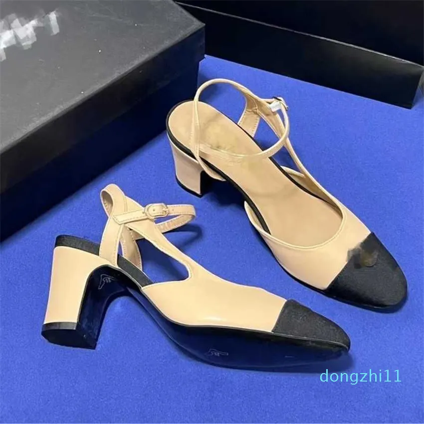 Sandálias de Salto Alto Bloco Preto Bege Sapatos Moda Feminino Feminino Couro Formal Salto Chunky Slingbacks Designer Sandália de Salto Médio Bombas Slides Mule