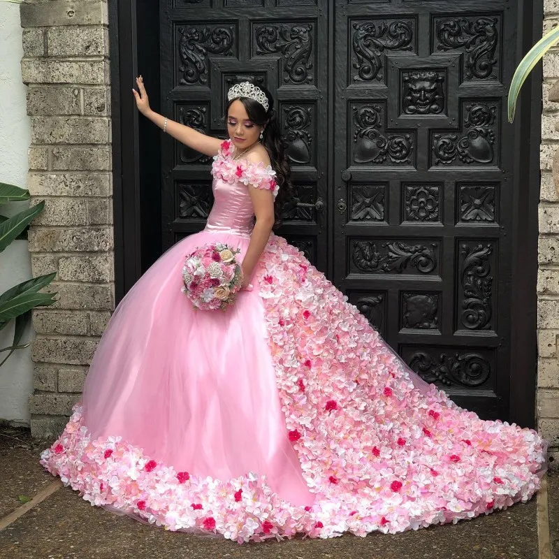 Roze Glanzende Tull Prinses Baljurk 15 Jaar Oude Meisjes Quinceanera Jurken Luxe Kralen 3DFlower Vestidos De 15 Anos