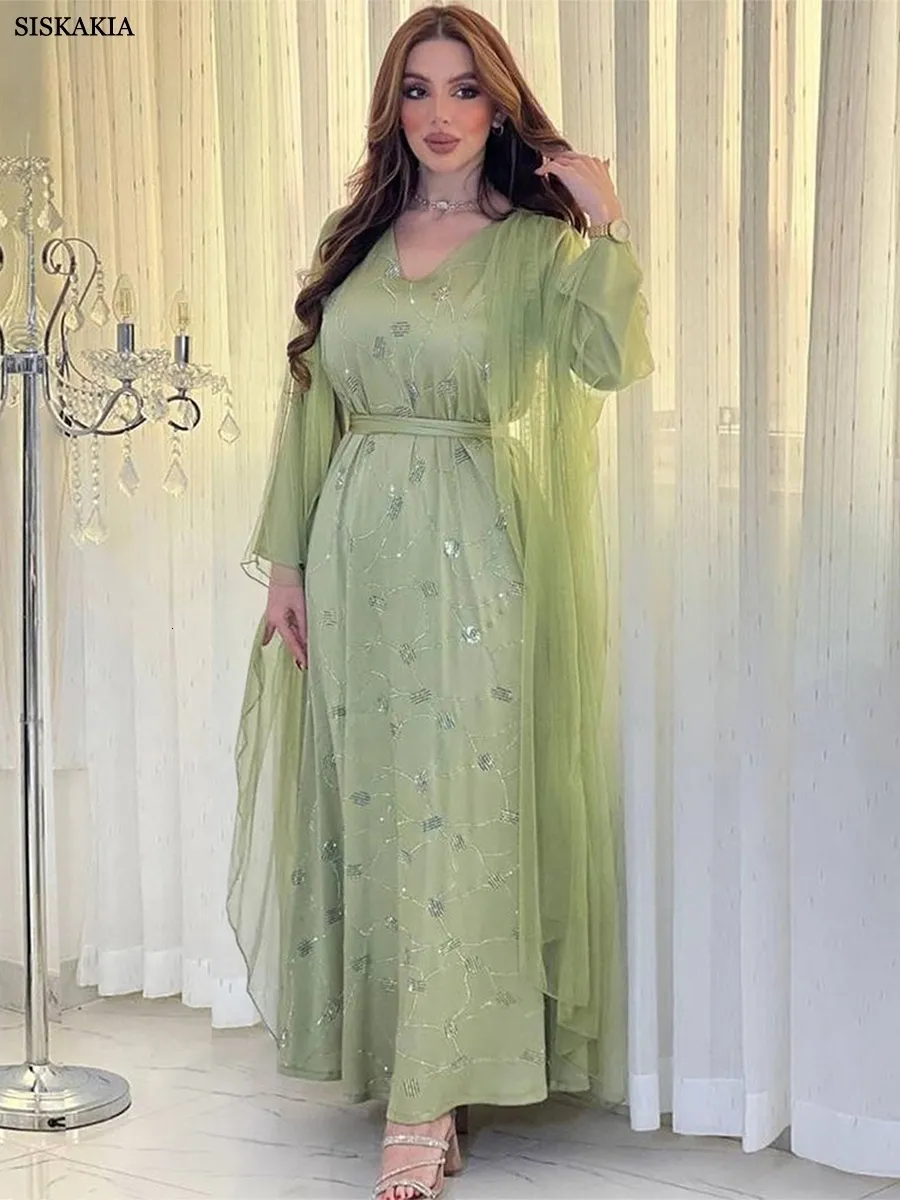 Ethnische Kleidung Siskakia Arabische Frauen Chic Fix Mesh V-Ausschnitt Langarm Muslim Dubai Party Abendkleider Corban Eid 230629