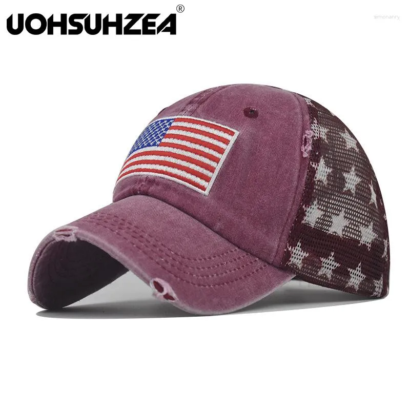 Ball Caps UOHSUHZEA Brand Pure Cotton Washed Hole Five-point Star American Flag Baseball Hat Horsetail Hip Dad