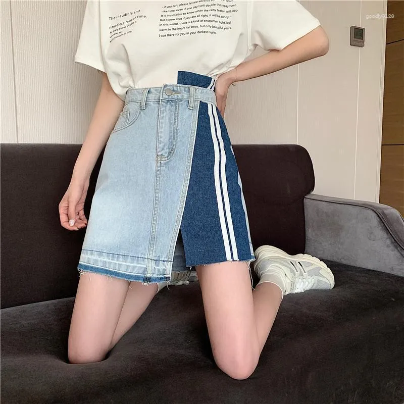 Spódnice deeotown koreańskie dżinsowe spódnica kontrast Kolor Women talle A-Line Podzielona patchwork Nieregularny mini mody streetwear