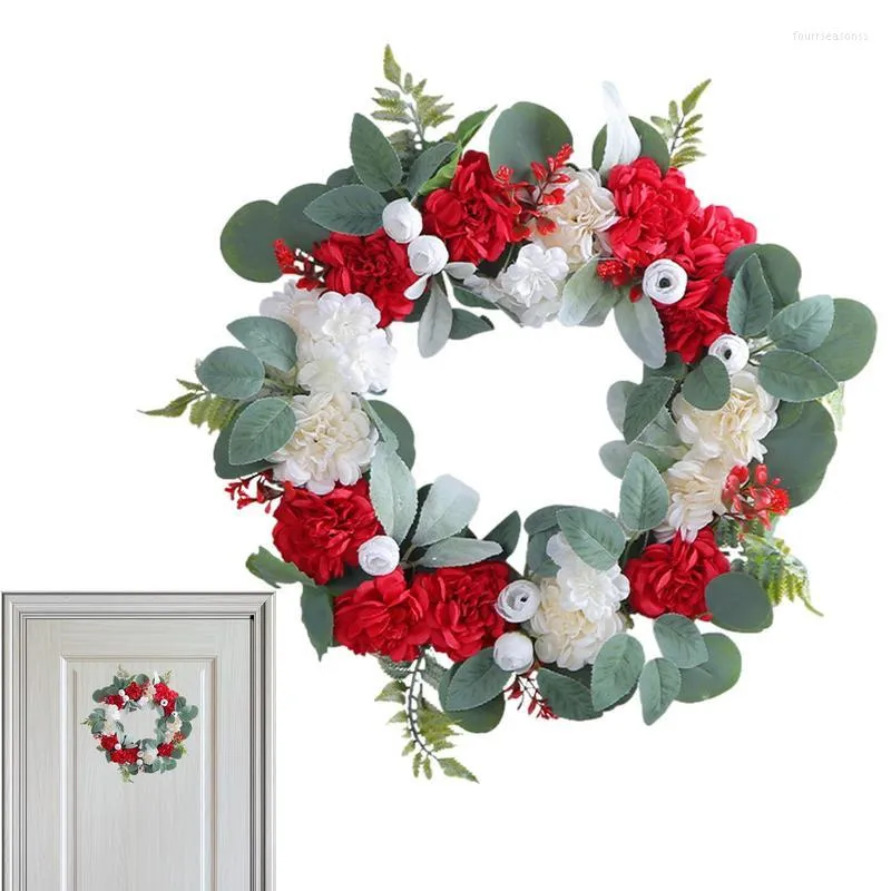 Coroa de flores decorativas para porta de primavera e verão, guirlanda de hortênsia vermelha e branca, feita à mão, para festa, decoração de casamento, pano de fundo