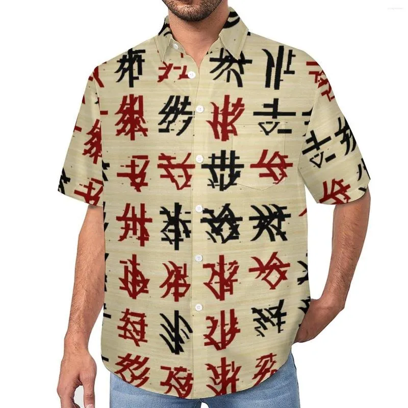 Camicie casual da uomo Camicia divertente con stampa di lettere Alfabeto cinese Spiaggia Camicette larghe hawaiane Y2K Top oversize stampato a maniche corte