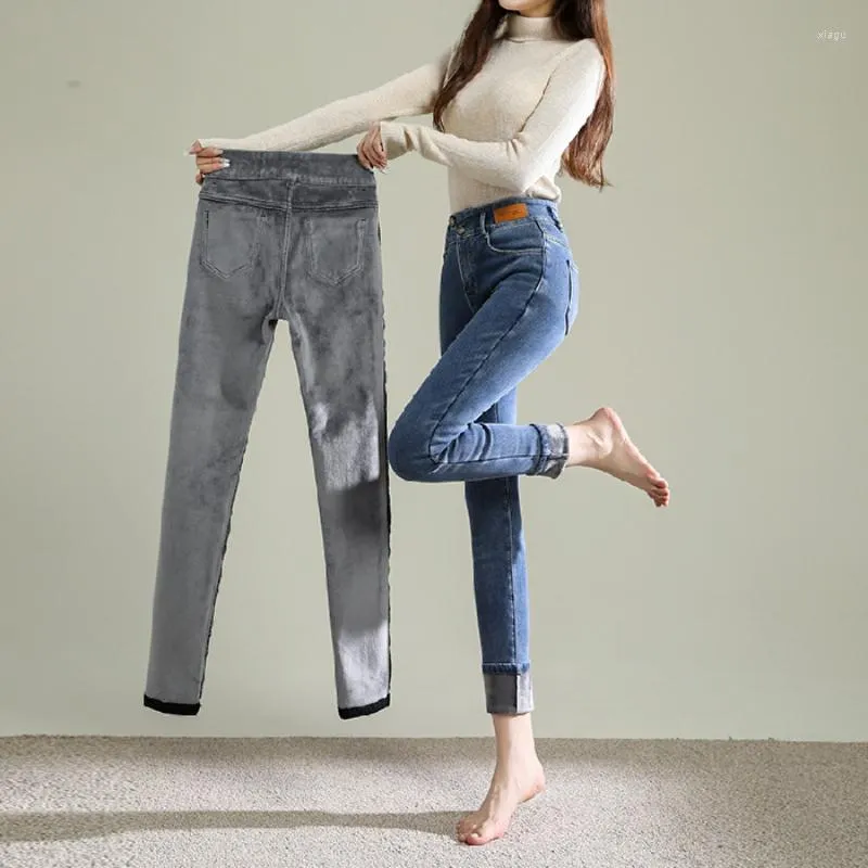 Женские джинсы, флисовые джинсовые брюки, узкие, сохраняющие тепло, женские повседневные толстые узкие брюки, базовые женские бархатные джинсы полной длины, высокая эластичность