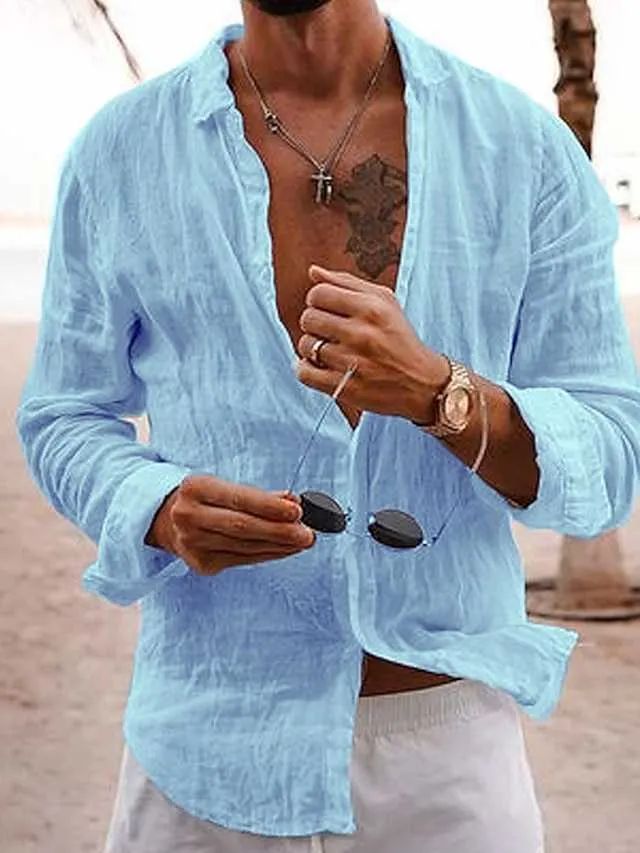 Mens Linen Casual Linen Button Down Shirt Long Sleeve Beach Linen