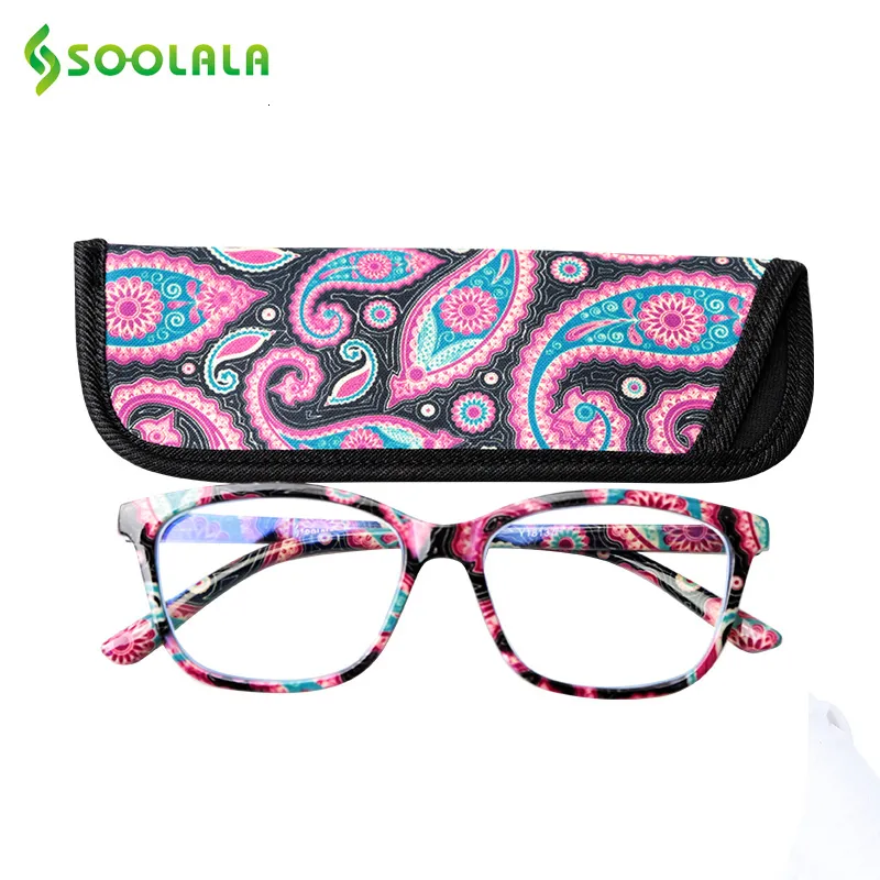 Sunglasses SOOLALA Square Spring Hinge Floral Printed Anti Blue Light Reading Glasse Presbyopic with Cases 0 5 0 75 to 4 0 230629