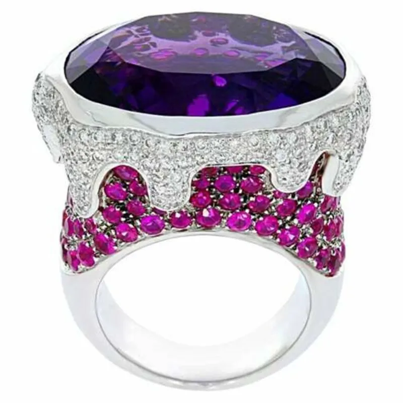 Klasyczne luksusowe pierścionki modowe dla kobiet fioletowe owalne zestaw kamienny srebrny pierścionek zaręczyny