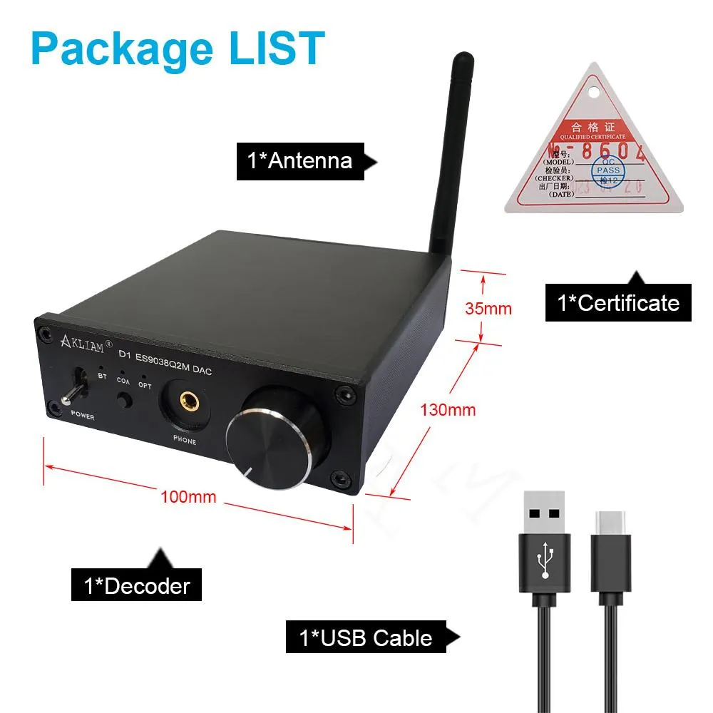 Förstärkare Akliam D1 ES9038Q2M DAC QCC5125 Bluetooth DAC Board APTXHD LDAC HIFI Sound Dekoder Rod Rain Audio