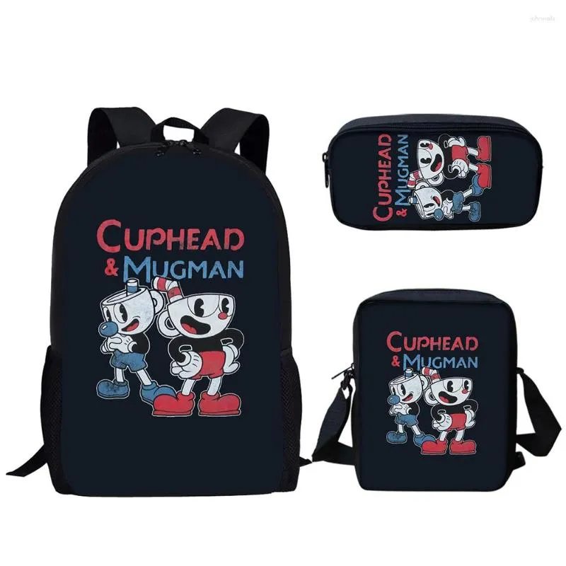 Mochila Escolar 2023 Cuphead Mugman Kids Capacity Bag Moda Pessoas Teeneger Ombro Mochila Viagem Ao Ar Livre Menino Menina Estudo 3pcs/Set Presentes