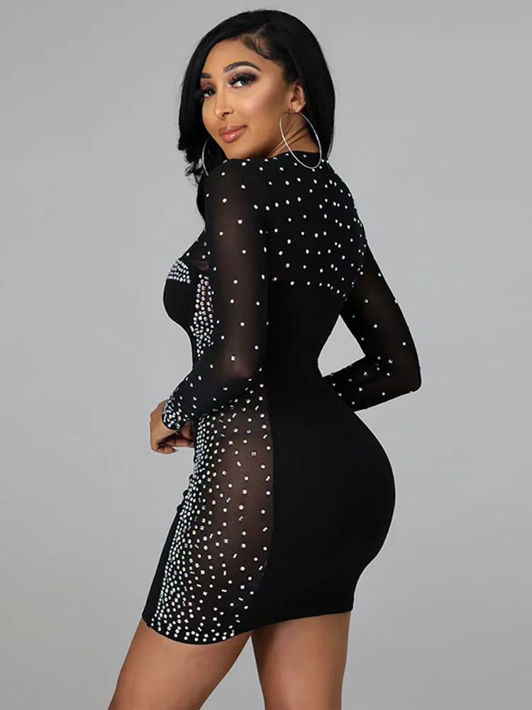 mesh inserted embellished mini dress Cream Mesh Long Sleeves Rhinestone Mini Dress Hot Miami Styles
