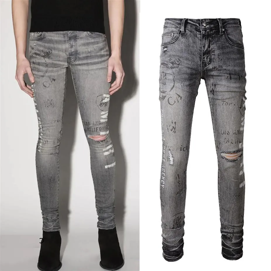 Jeans Masculino Jeans Stretch Cinza Estampado Slim Fit Fechado Detalhes 240I