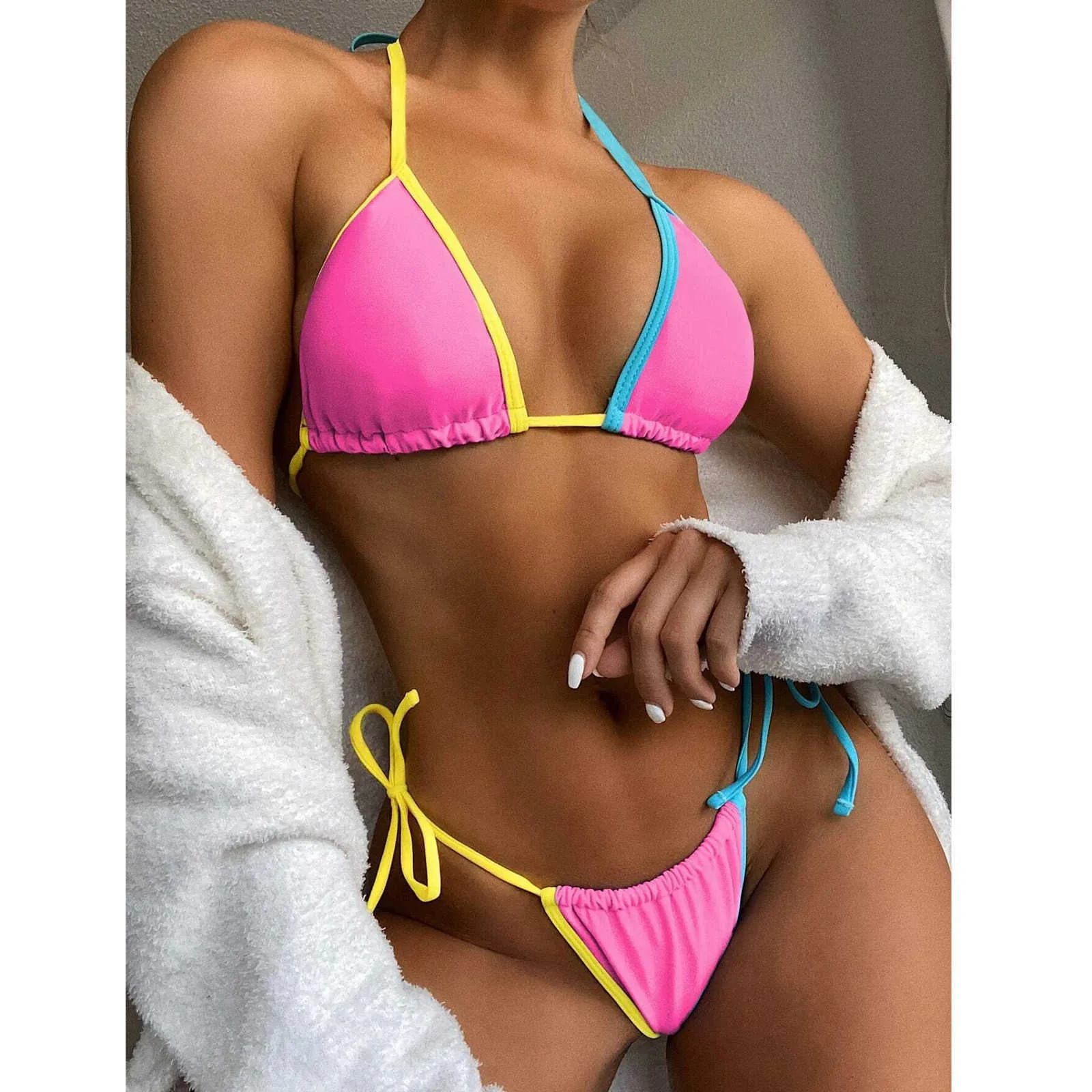 Women's Swimwear Bikini Neon Sexy Swimsuit Patchwork Bandage Bikini Set Women Swimwear Brazilian Beach Wear Bathing Suit Triangle Bather Biquini