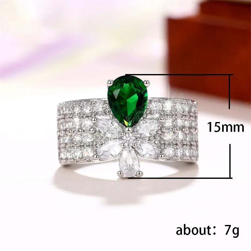 Vintage vert cubique zircone anneau tempérament doux fleur bagues pour les femmes fête anniversaire cadeau magnifique bijoux