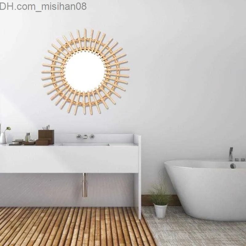 Mirrors Rattan Mirror Innovative Art Decoration Round Makeup Mirror Dressing Bathroom Nordic Primary Color er Wall Hanging Mirror SH190925 Z230630