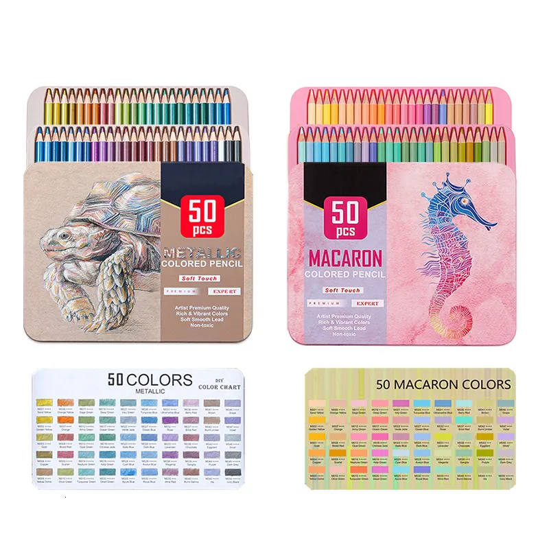 Crayons Premium 50 Pcs Métallique Macaron Crayon De Couleur Fer Coffret Cadeau Doux Dessin Ensemble Pour Noël Artiste Coloriage Art Fournitures 230630