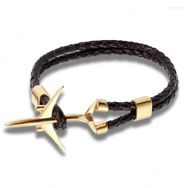 Charm Bracelets Fashion Gold Color Stainless Steel Anchor Airplane With Vintage Genuine Leather Bracelet Men Women Homme Jewelry