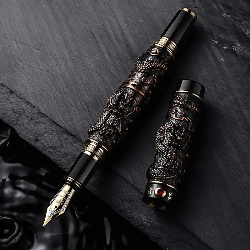 Pens luxury quality brand JinHao Dragon Relief Fountain Pen carve silver Spin Gun gray auspicious elegante signature golden ink pens