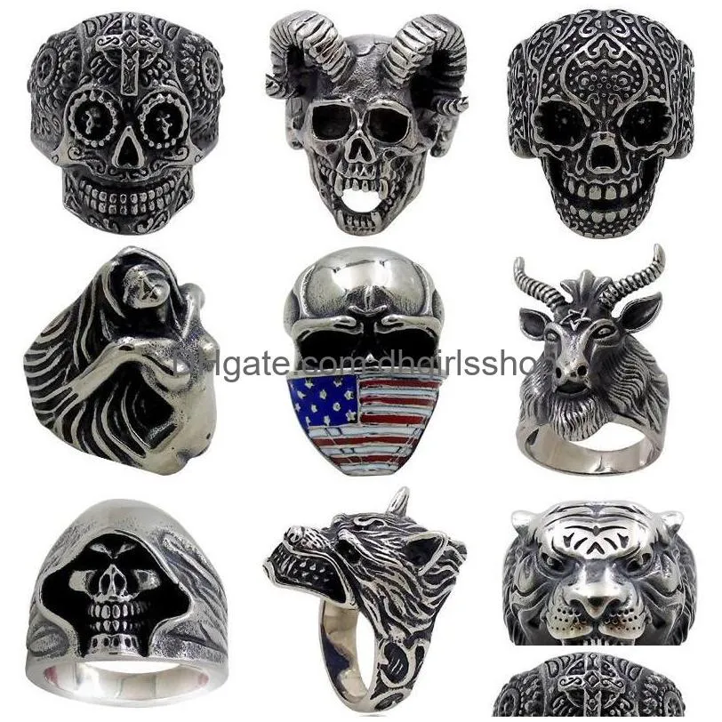 Anelli a fascia 5 Pz / lotto Vintage Gothic Wolf Head Ring Men Skl Punk Accessori per gioielli Demon Satan Goat 001 Drop Delivery Otj0I