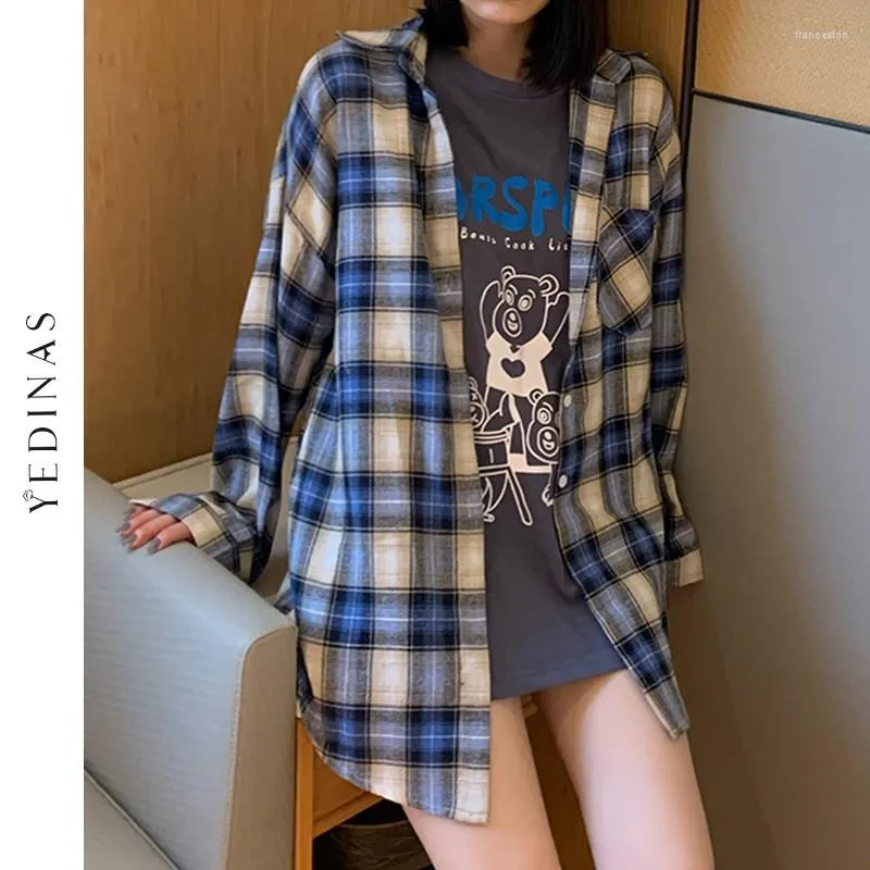 Frauen Blusen Yedinas Vintage Kariertes Hemd Frauen Overside Koreanischen Stil Bluse Weibliche Lose Langarm Shirts 2023 Frühling Mode Blusas