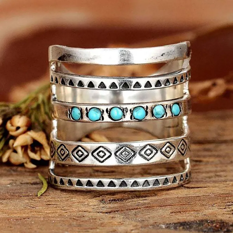 Bohemian etniczny styl puste Pierścienie do regulowanej wielkości dla kobiet srebrny kolor niebieski olej kroplówka design kreatywny biżuteria dziewczyna
