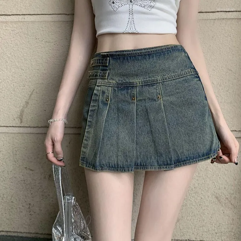 Kjolar hsa denim veckade kjol kvinnor vintage streetwear hög midja a-line retro koreansk mode blå jean mini sommar y2k shorts