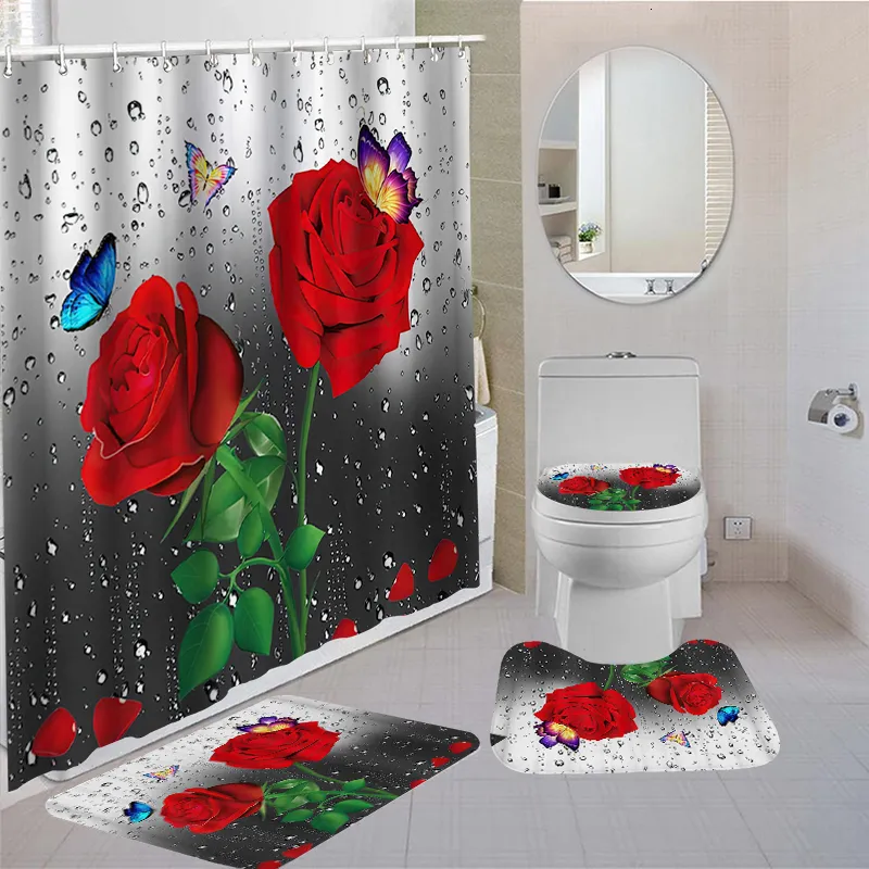 Red Rose Butterfly Valentines Shower Curtain Set Waterproof Non