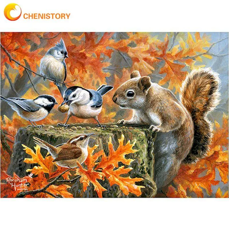 Numéro Chénistory 40x50cm peinture par nombre d'écureuils avec des oiseaux peinture pour enfants peints à la main de peinture acrylique tirage sur la décoration de toile de couleur pour toile