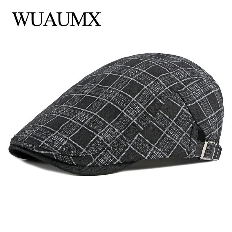 Wuaumx printemps été hommes chapeaux Plaid bérets chapeau femmes mince respirant coton visières chevrons casquette artiste vérifié avant casquette