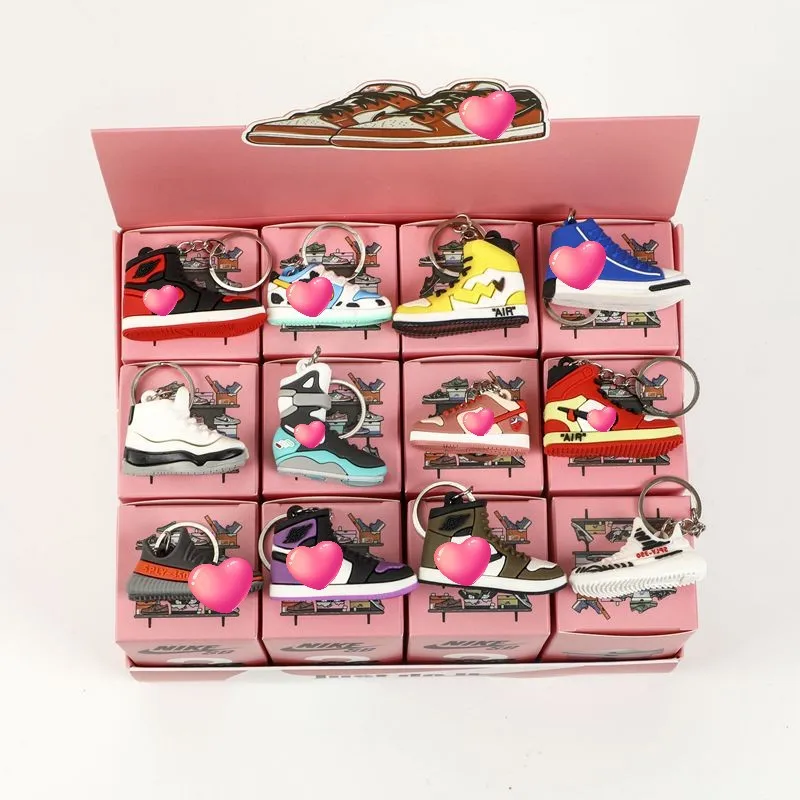 Wholesale 12pcs sneaker keychain shoe box includes key chain cardboard gift model sneaker keychains packaging jewelry box shoe with keychain one set