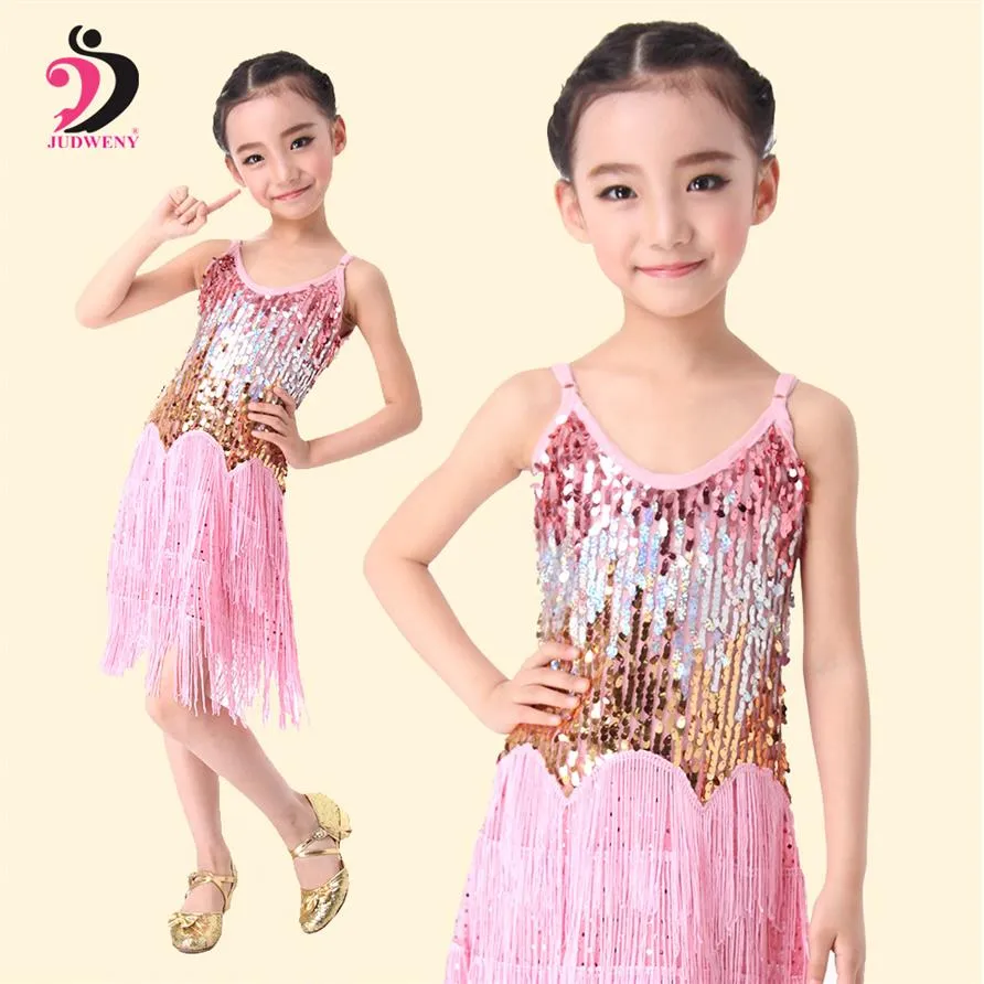 Robe de danse latine pour filles Robes de danse de salon pour enfants Enfants Professionnel Latin Sequin Fringe Salsa Tassel 6 Colors318k