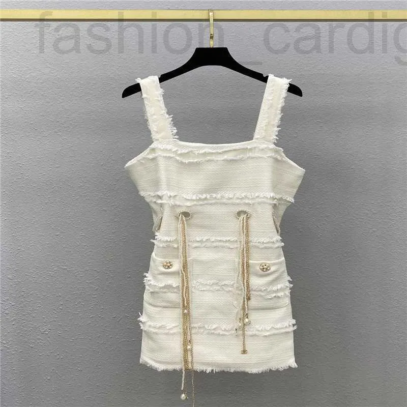 Runway Jurken Designer 2022 Vrouwen Zomer A-lijn Jurk Tweed Jurken Met Parels Riem Vrouwelijke Milan Runway Mouwloos Kwastje Tank Tops shirt Kleding