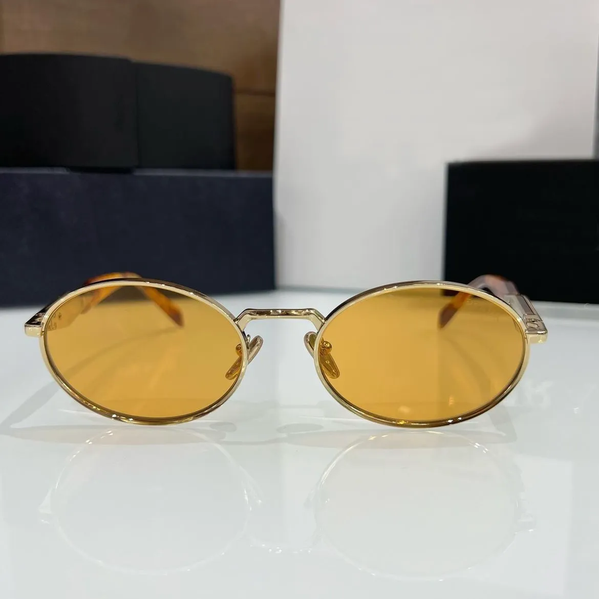 Gold Yellow Oval Sunglasses Mens Retro Glasses Summer Sunnies gafas de sol Sonnenbrille UV400 Eyewear with Box