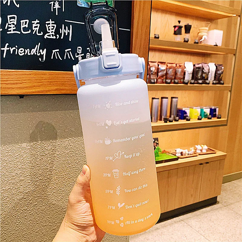 2l Large Capacity Water Bottle Straw Cup High Temperature Plastic Water Cup  Time Scale Frosted Outdoor Sports Student Couple Cup