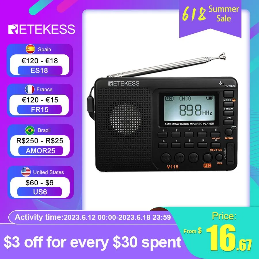 Radio Retekess V115 Radio Fm Am Sw Radios portables Am Fm Radio à ondes courtes rechargeable sur piles toutes ondes complètes haut-parleur enregistreur USB