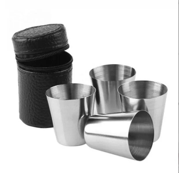 4 pièces/ensemble verre à liqueur ensemble de tasses portables gobelet tasse à vin poli et enveloppe en cuir 30 ml en acier inoxydable avec sac de couverture en cuir prix usine conception experte JL1372