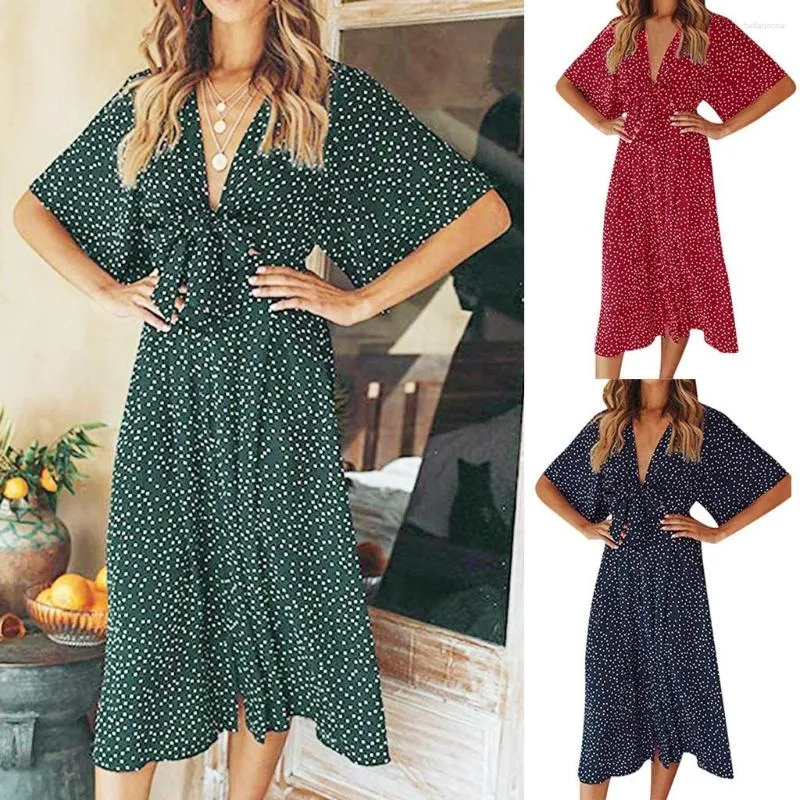 Casual klänningar kvinnors sommarhals sexiga dolman ärmar midja smal polka prick tryck jumpsuit kvinnor breda benbyxor