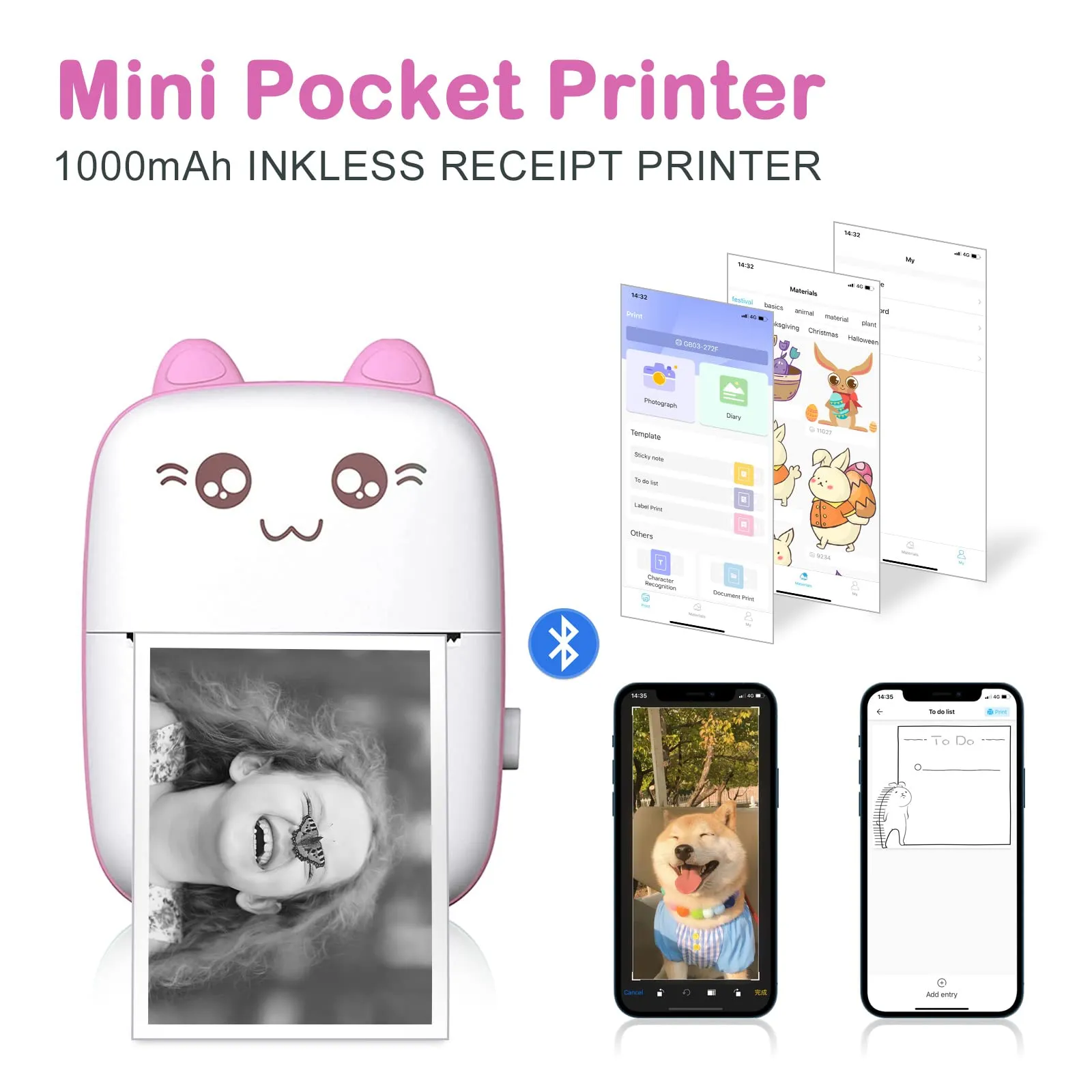 Портативный принтер мини -принтер, карманный термоурапик, Bluetooth Wireless Smart Printer для фотоизображения квитанции.