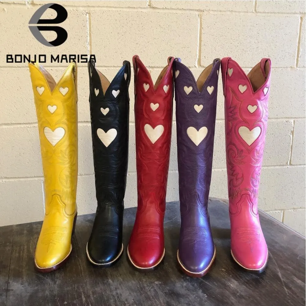 Botas marca moda colorido amor corazón colorido montar botas occidentales para mujeres vaquera vaquero tacón grueso mujeres botas de media pantorrilla 230629