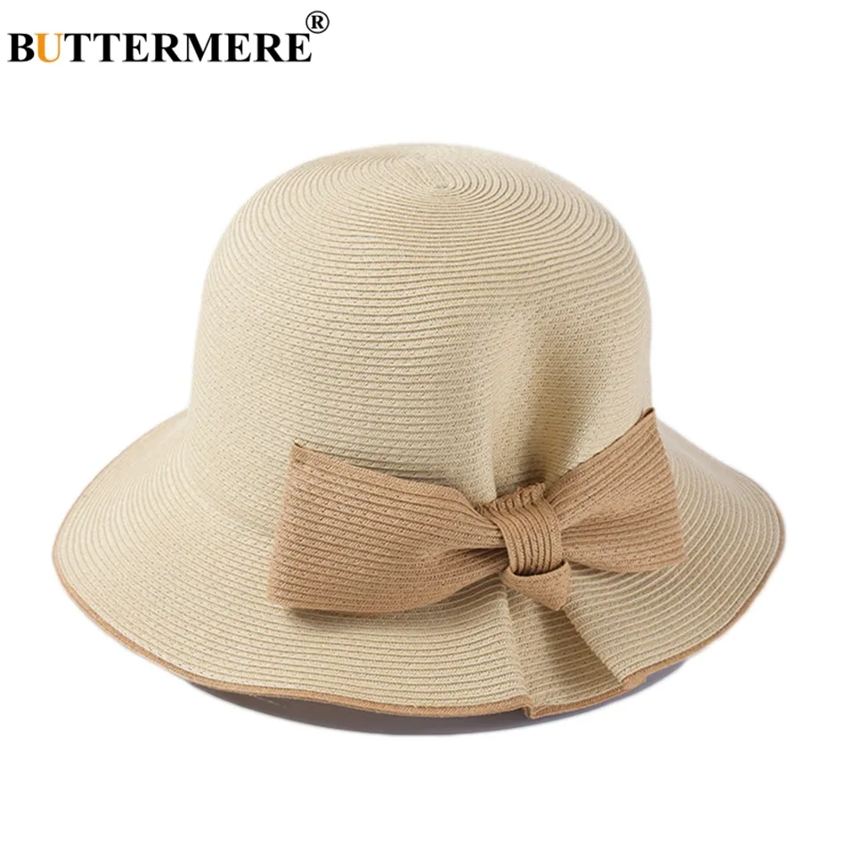 BUTTERMERE قبعة بحافة للنساء البيج القش اليابانية قبعات الشمس الإناث القوس أنيقة الصيف الشاطئ UV قبعة السيدات العلامة التجارية الصيد القبعات