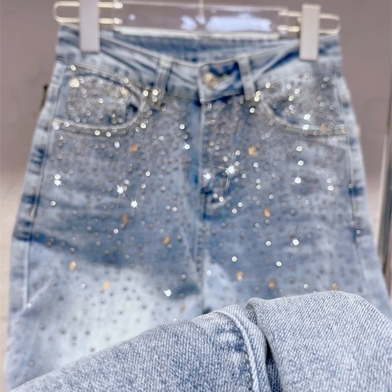 Jeans feminino de alta qualidade elástico céu estrelado diamante folgado feminino confortável macio reto calças jeans 2023 primavera pantalones de mujer 230629