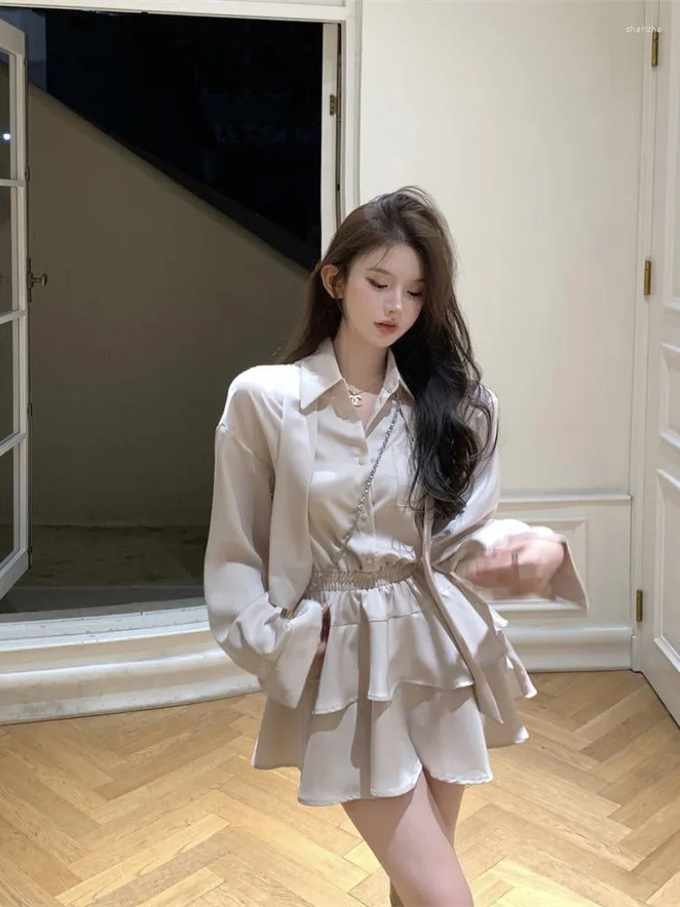 Casual Dresses Deeptown Korean Style One Piece Beige Shirt Dress Women Office Ladies Chic Ruffles Layered Long Sleeve Tunic Mini Summer