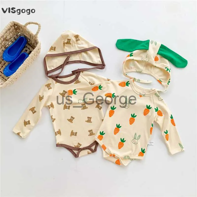 Kläderuppsättningar Visgogo Baby Girls Boys Spring Fall Rompers Cute Bearcarrot Print Långärmad Jumpsuit Hat Outfit Spädbarn Casual 2st J230630