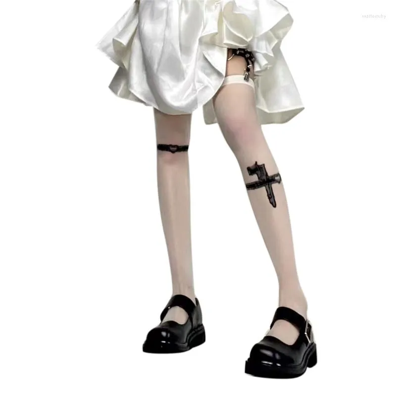 Women Socks Summer Silky Ultra Thin Sheer Thigh High Stockings Vintage Gothic Punk Sword Printed Harajuku Over Knee Long