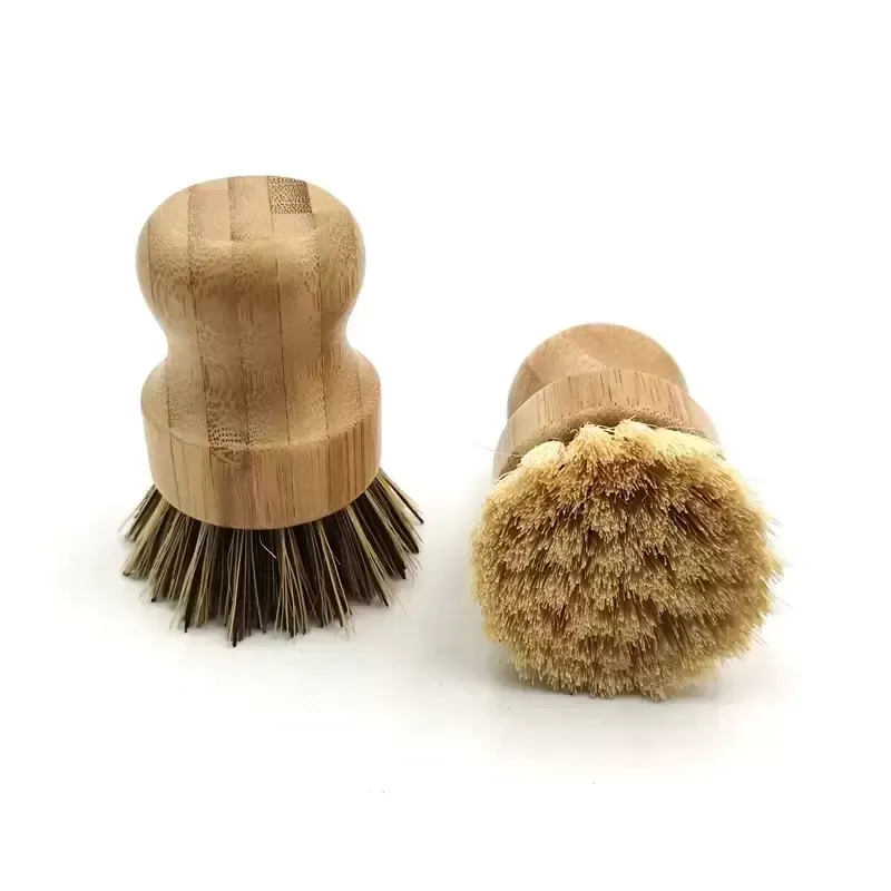 Neue Palm Topf Waschbürste Holz Runde Mini Geschirr Pinsel Natürliche Peeling Pinsel Langlebig Wäscher Kurzen Griff Reinigung Geschirr küche Kit DD