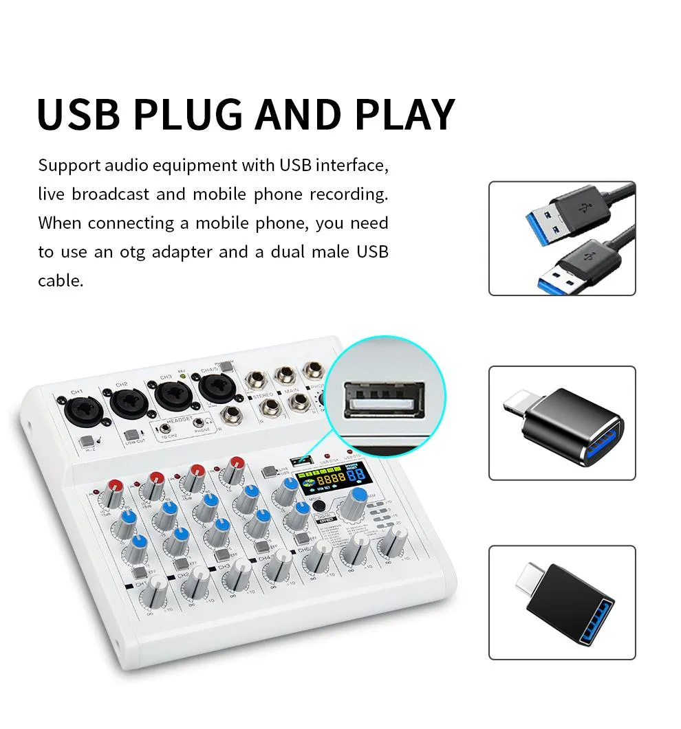 Amplifiers E6 7 Channel Mixer Portable Mini Audio Mixer 88 Digital Effects Sound Cards Mixers in Professional Usb Mixer Audio Interface