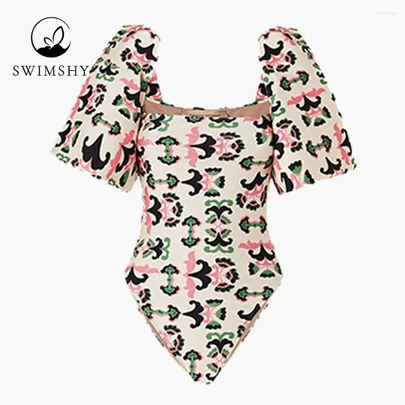 Women's Swimwear Fashion Print Bikinis Chic Puff Sleeve Swimsuits One-piece Summer Beachwear Ruffle Women Bathing Suits Swimming Biquini