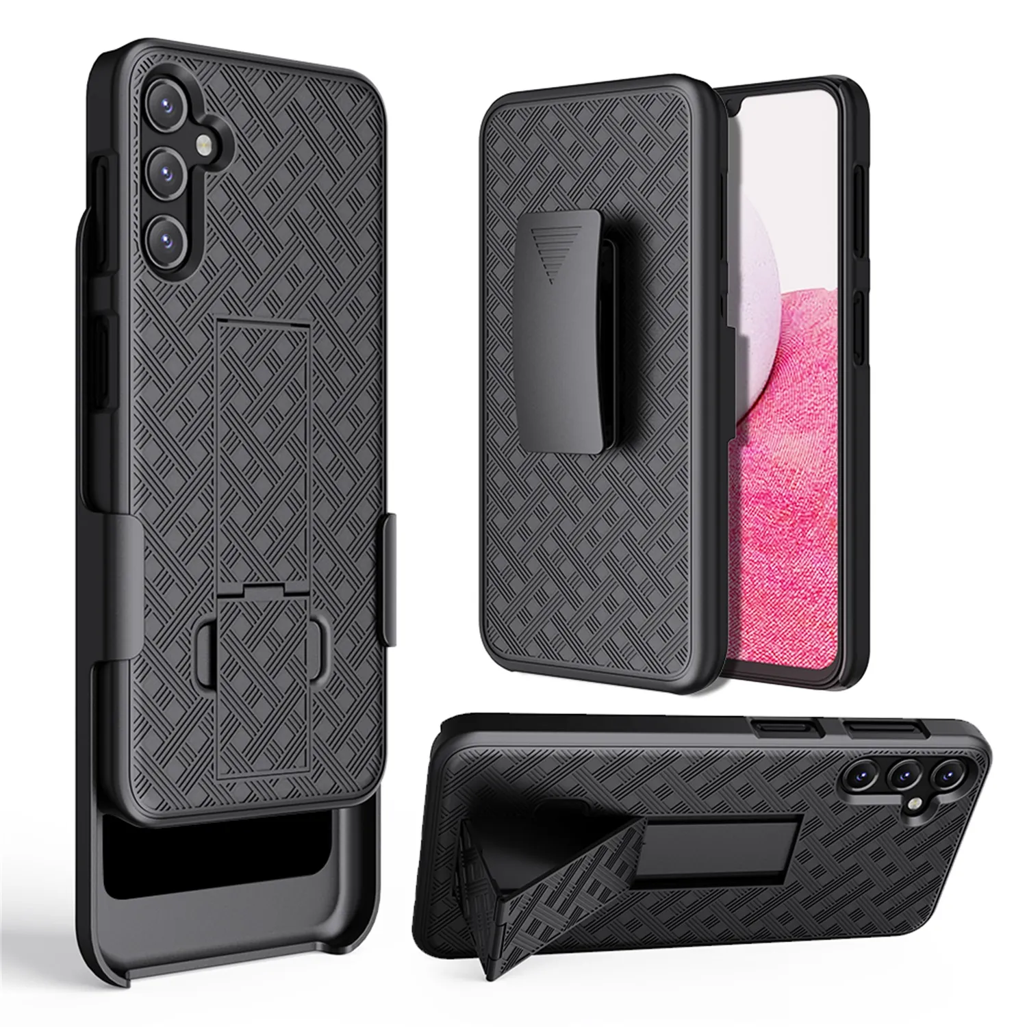 Defender telefoonhoes voor Samsung Galaxy A14 A34 A54 A13 A33 A53 A12 A22 5G met standaard riemclip holster Heavy Duty schokbestendig geweven patroon ontwerp telefoon achterkant